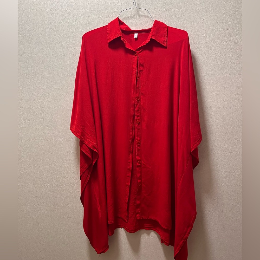 EKOUAER Vibrant Boho Relaxed Poncho Style Comfy Soft Pajama Shirt, Size 3X, Red